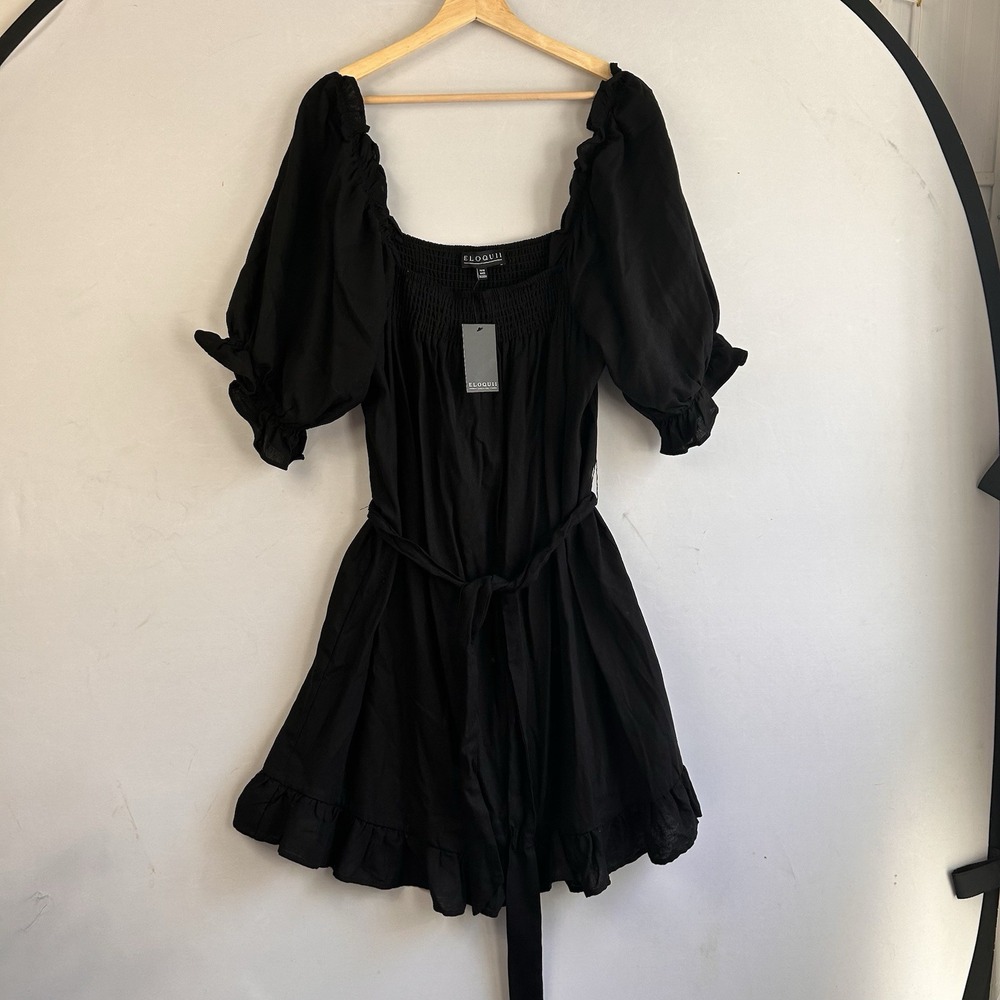 Eloquii Puff Sleeve Linen‎ Plus Mini Dress Smocked Bodice LBD NWT Cottagecore 14